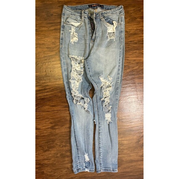 Dollhouse Women's Juniors Size 11 Blue Skinny Distressed Stone Wash Stretch Jean - Picture 2 of 7